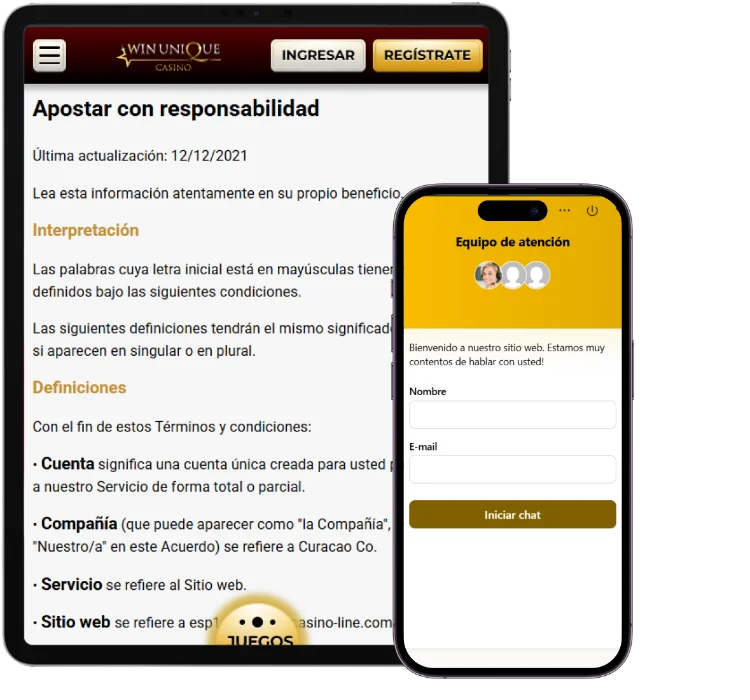 Juego responsable Unique Casino Unique Casino página de juego responsable con información y chat de atención al cliente